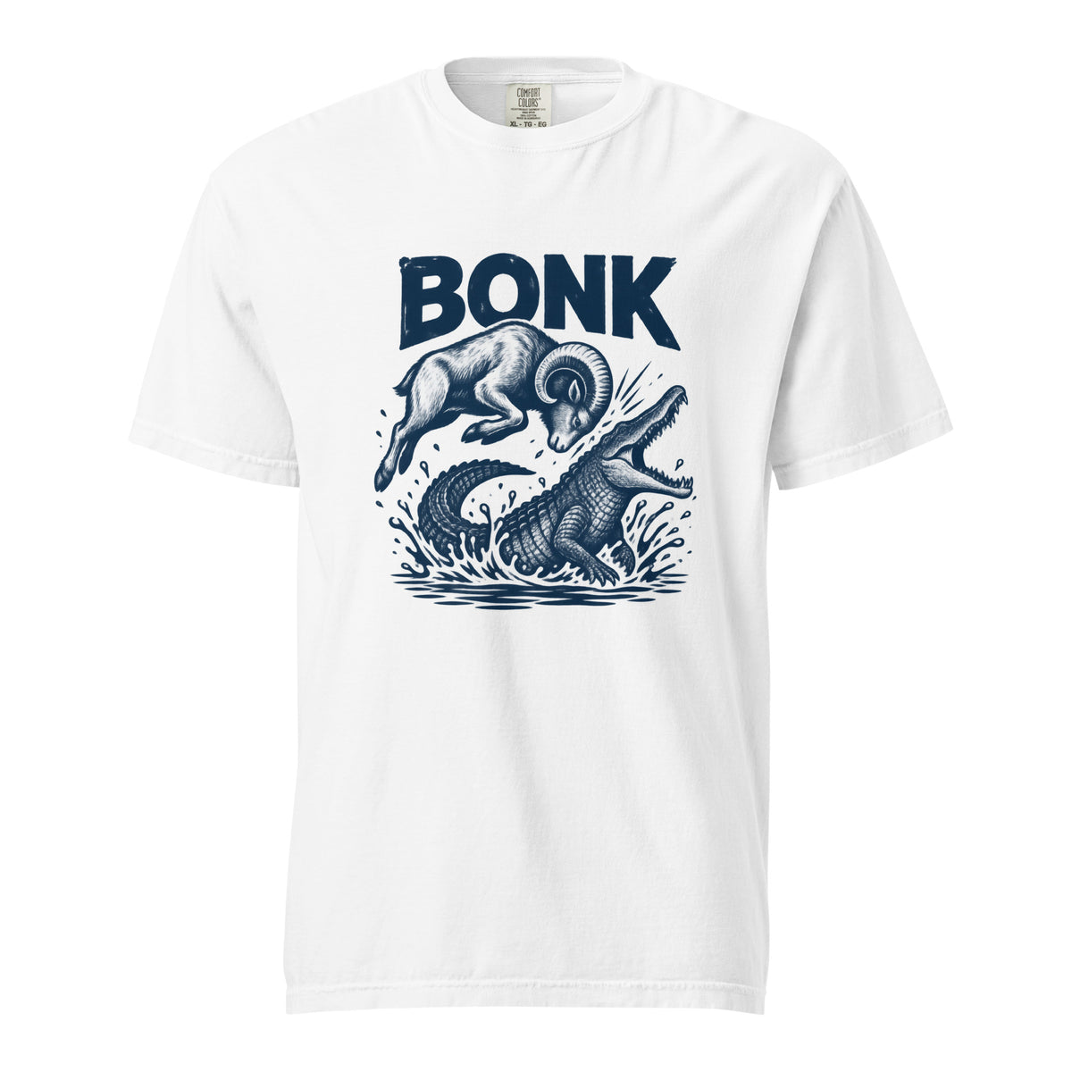 Front view of a white T-shirt featuring a leaping ram colliding with a crocodile amid splashing water, with “BONK” above.