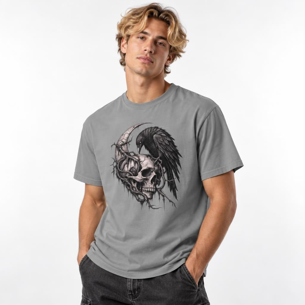 Model wearing a Grey T-shirt with a detailed gothic raven, skull, and crescent moon graphic on the front.