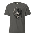 Front view of a Pepper T-shirt featuring a monochrome gothic graphic of a skull, raven, and crescent moon.