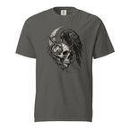 Front view of a Pepper T-shirt featuring a monochrome gothic graphic of a skull, raven, and crescent moon.
