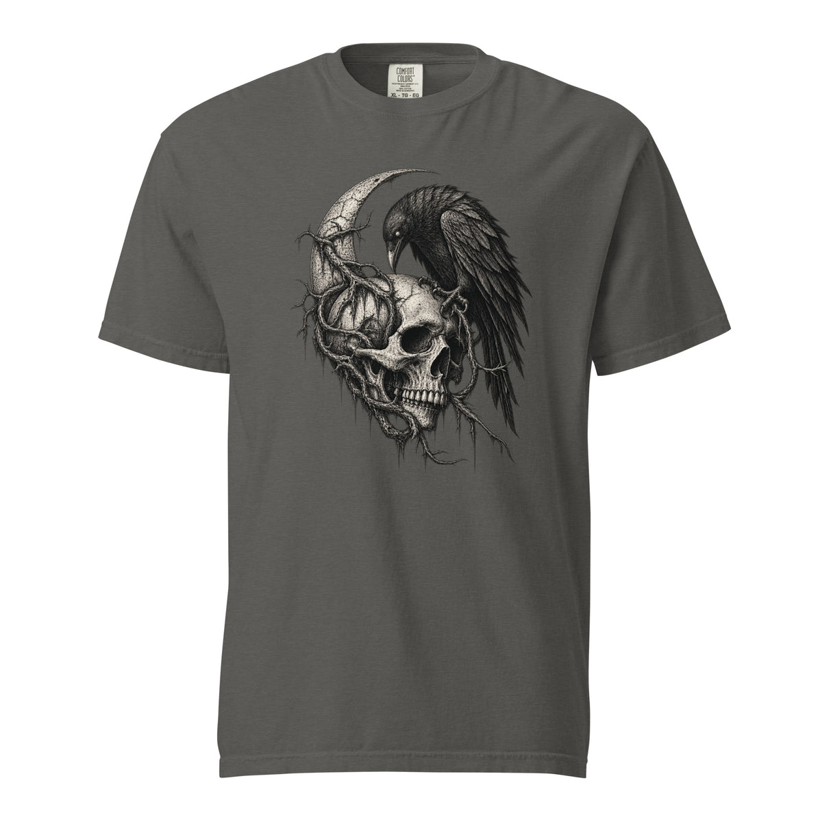 Front view of a Pepper T-shirt featuring a monochrome gothic graphic of a skull, raven, and crescent moon.