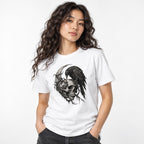 Front view of a model wearing a white T-shirt with a detailed monochrome raven, skull, and crescent moon graphic.
