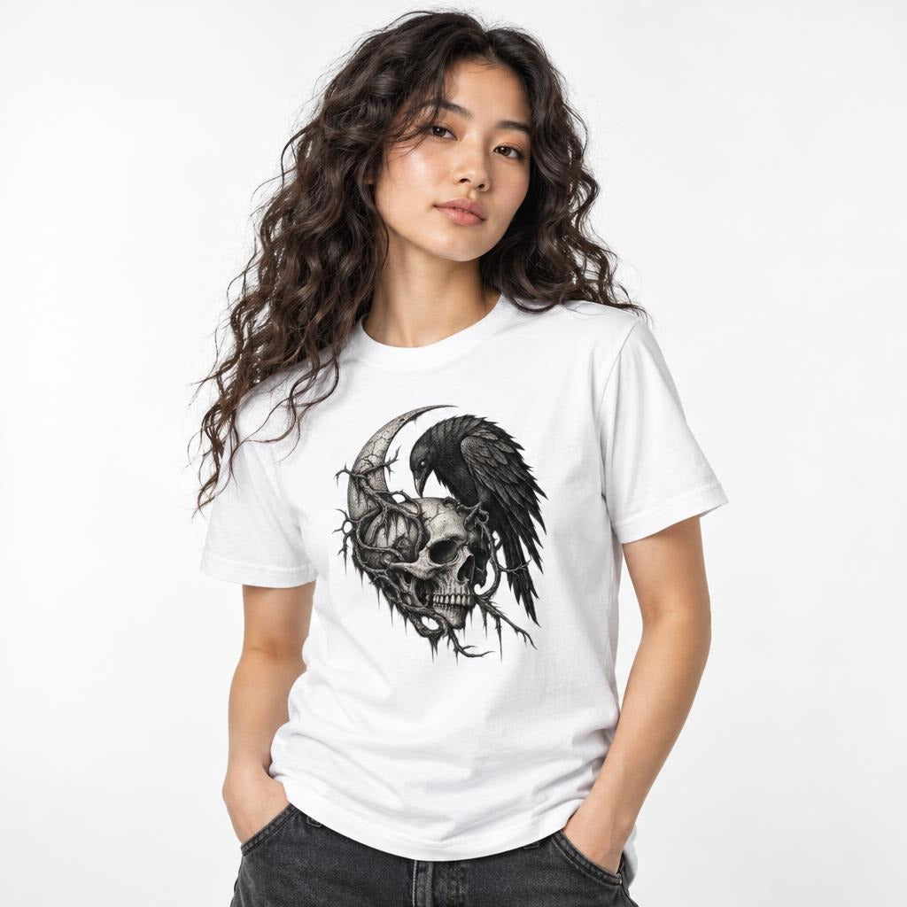 Front view of a model wearing a white T-shirt with a detailed monochrome raven, skull, and crescent moon graphic.