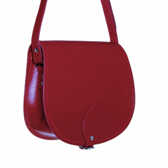 Zatchels Red leather saddle bag angled view