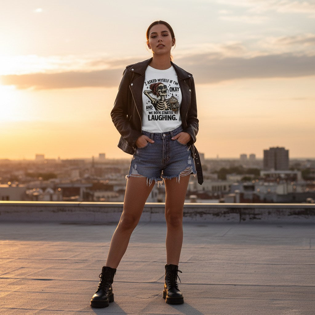 Rooftop streetwear editorial image of a person wearing a white t-shirt