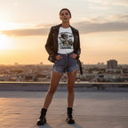 Rooftop streetwear editorial image of a person wearing a white t-shirt