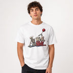 Seated Skeleton Holding Red Balloon Well Shit t shirt in White worn by a studio model in an upper-body front relaxed pose on a clean white background