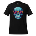 Black t-shirt with a colorful skull design and sunglasses on a wooden surface, featuring the brand 'StayClothed'.