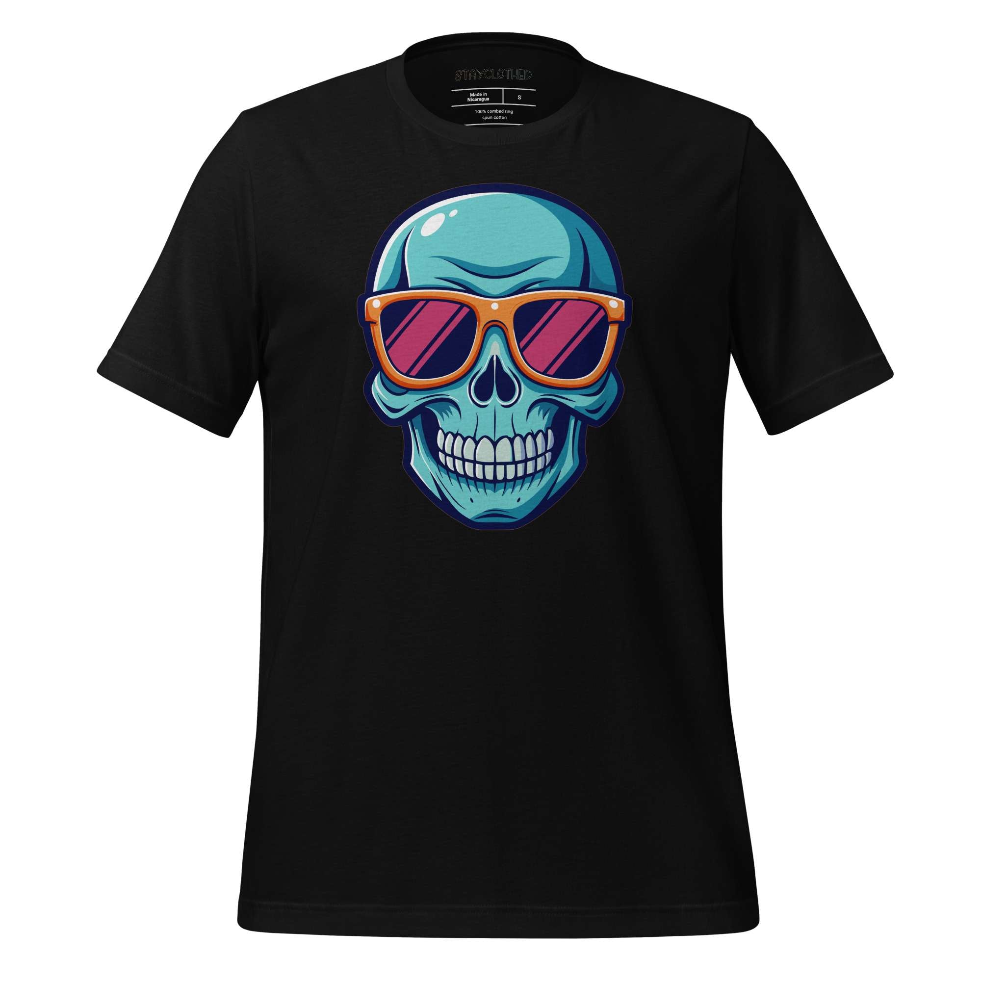Black t-shirt with a colorful skull design and sunglasses on a wooden surface, featuring the brand 'StayClothed'.
