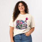 Skeleton Holding Balloon Well Shit t shirt in Ivory worn by a studio model in an upper-body three quarter right pose on a clean white background