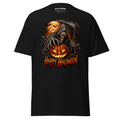 Black T-shirt with a hooded skeleton reaper holding a scythe behind a glowing jack-o'-lantern and HAPPY HALLOWEEN text.