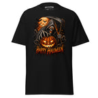 Black T-shirt with a hooded skeleton reaper holding a scythe behind a glowing jack-o'-lantern and HAPPY HALLOWEEN text.
