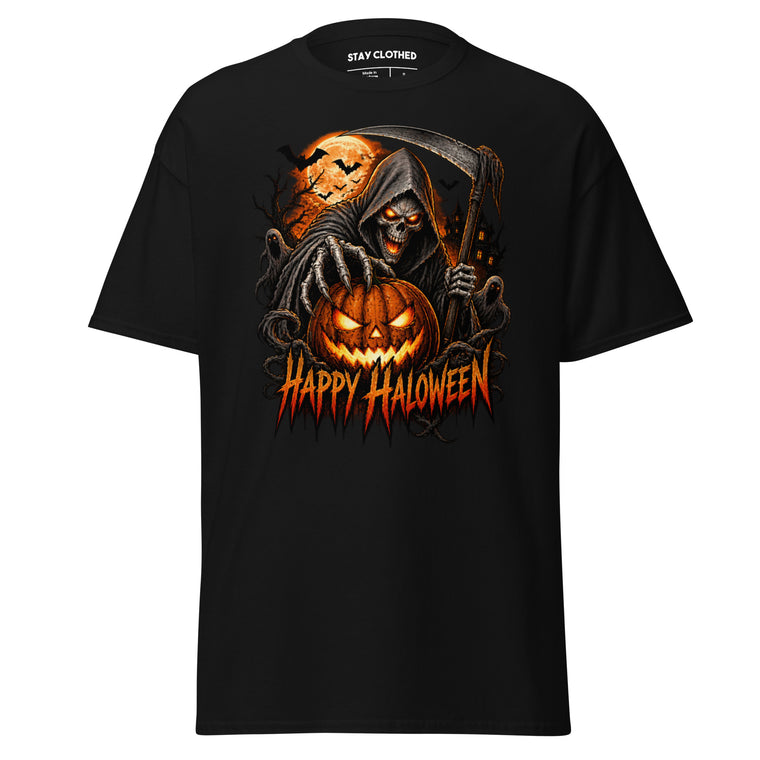 Black T-shirt with a hooded skeleton reaper holding a scythe behind a glowing jack-o'-lantern and HAPPY HALLOWEEN text.