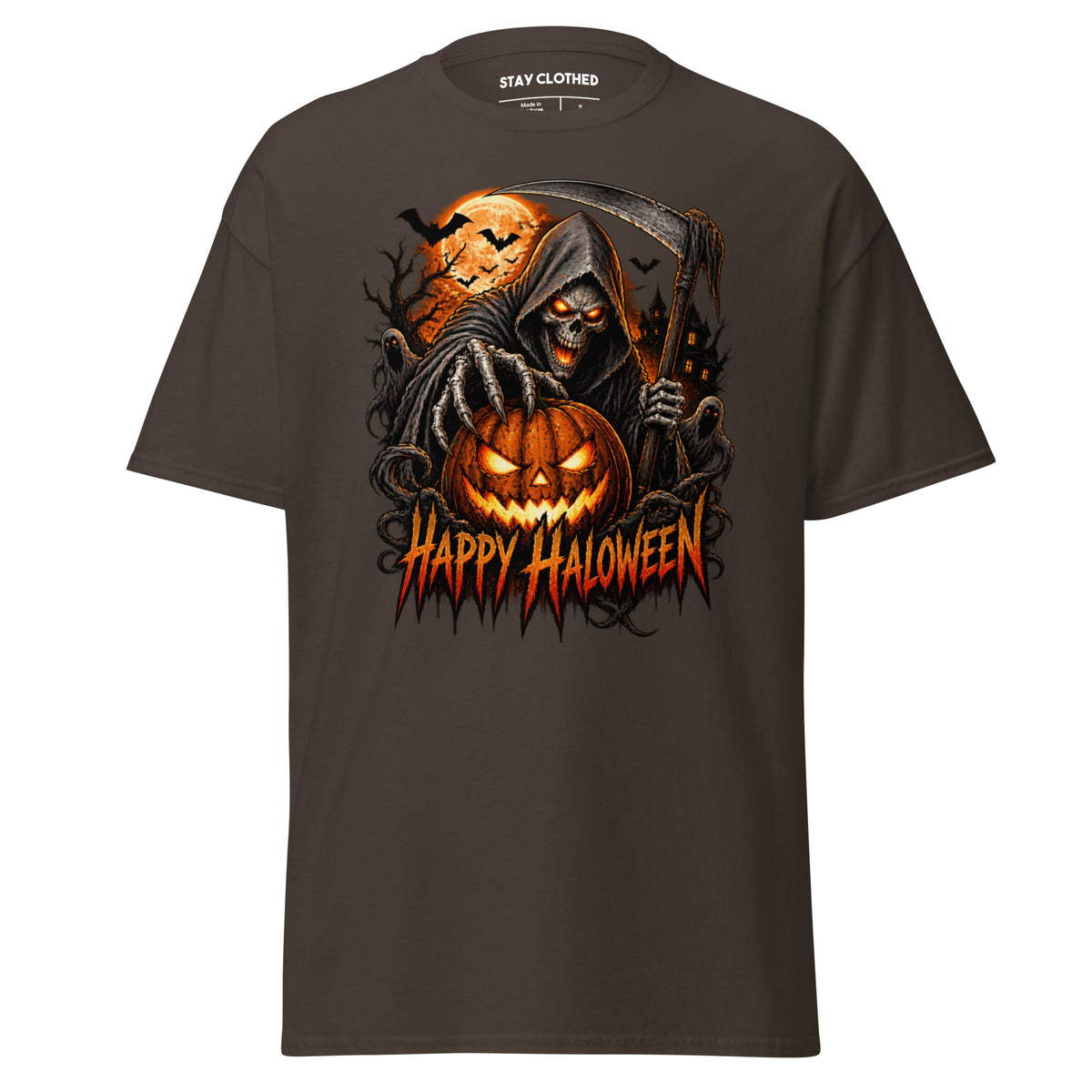 Front view of a Dark Chocolate T-shirt featuring a hooded skeleton reaper with a jack-o'-lantern, orange moon, bats, and “HAPPY HALLOWEEN.”