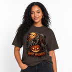 Skeleton t shirt in Dark Chocolate worn by a studio model in an upper-body three quarter right pose on a clean white background