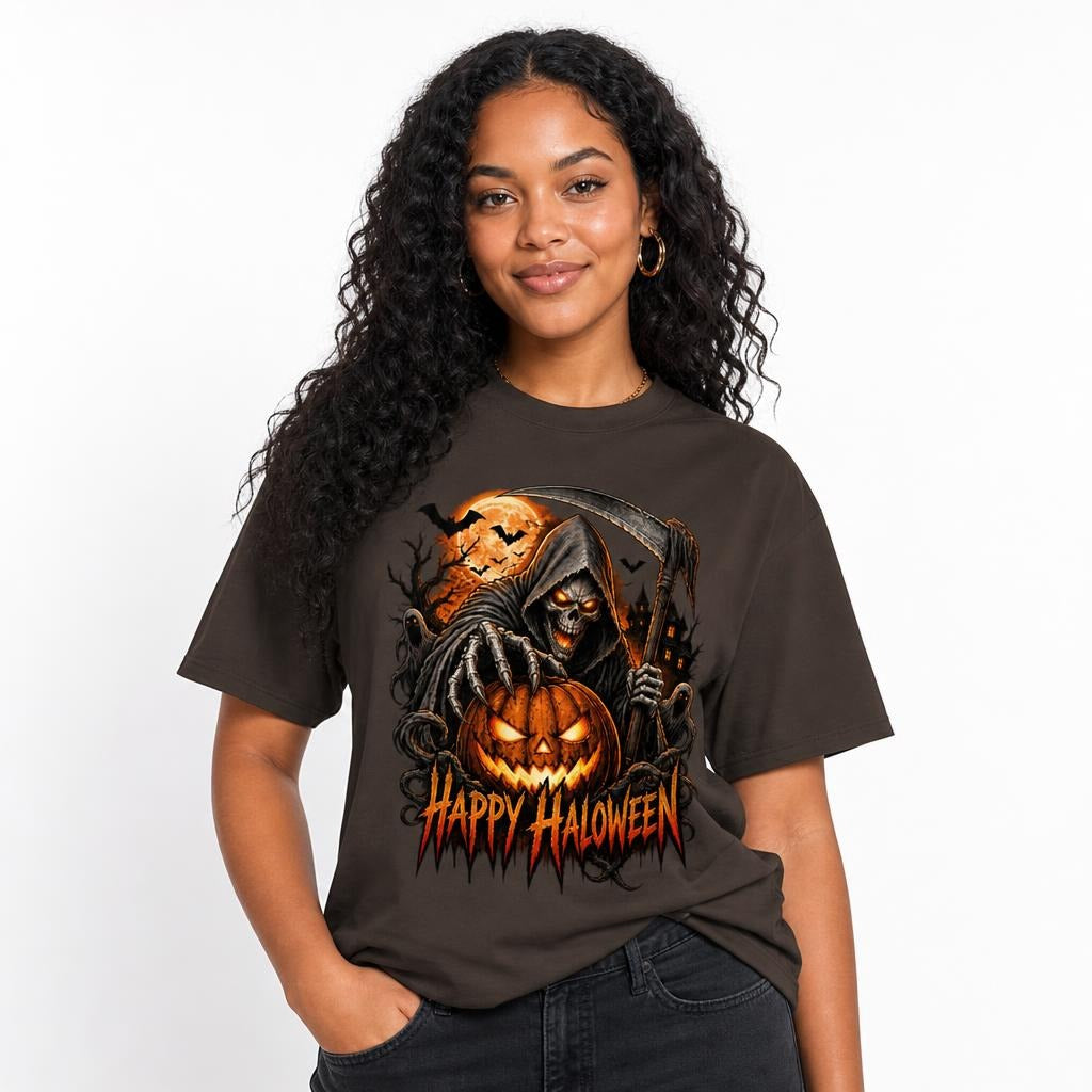 Skeleton t shirt in Dark Chocolate worn by a studio model in an upper-body three quarter right pose on a clean white background
