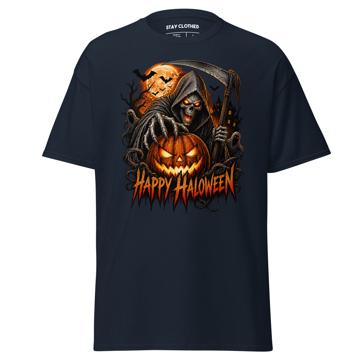 Front view of a navy T-shirt with a hooded skeleton reaper, glowing jack-o'-lantern, bats, moon, and HAPPY HALLOWEEN text.