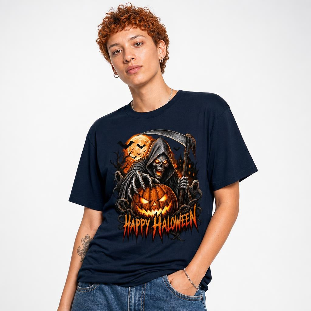 Skeleton t shirt in Navy worn by a studio model in an upper-body three quarter left pose on a clean white background