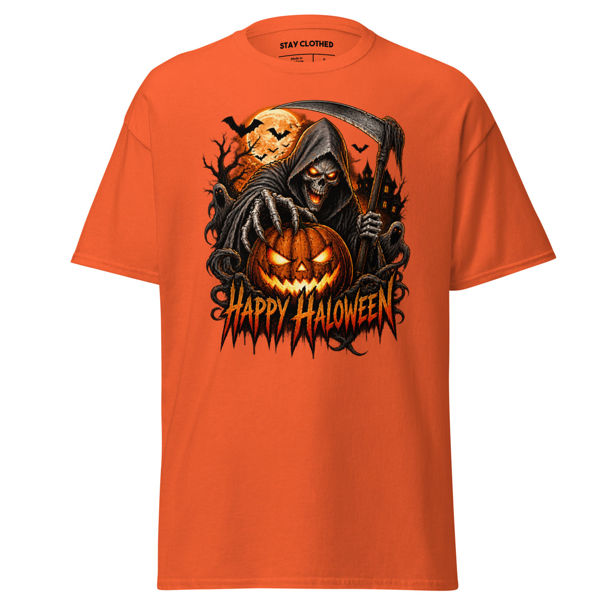 Orange T-shirt with a hooded skeleton reaper holding a scythe behind a glowing jack-o'-lantern and “HAPPY HALLOWEEN” text.