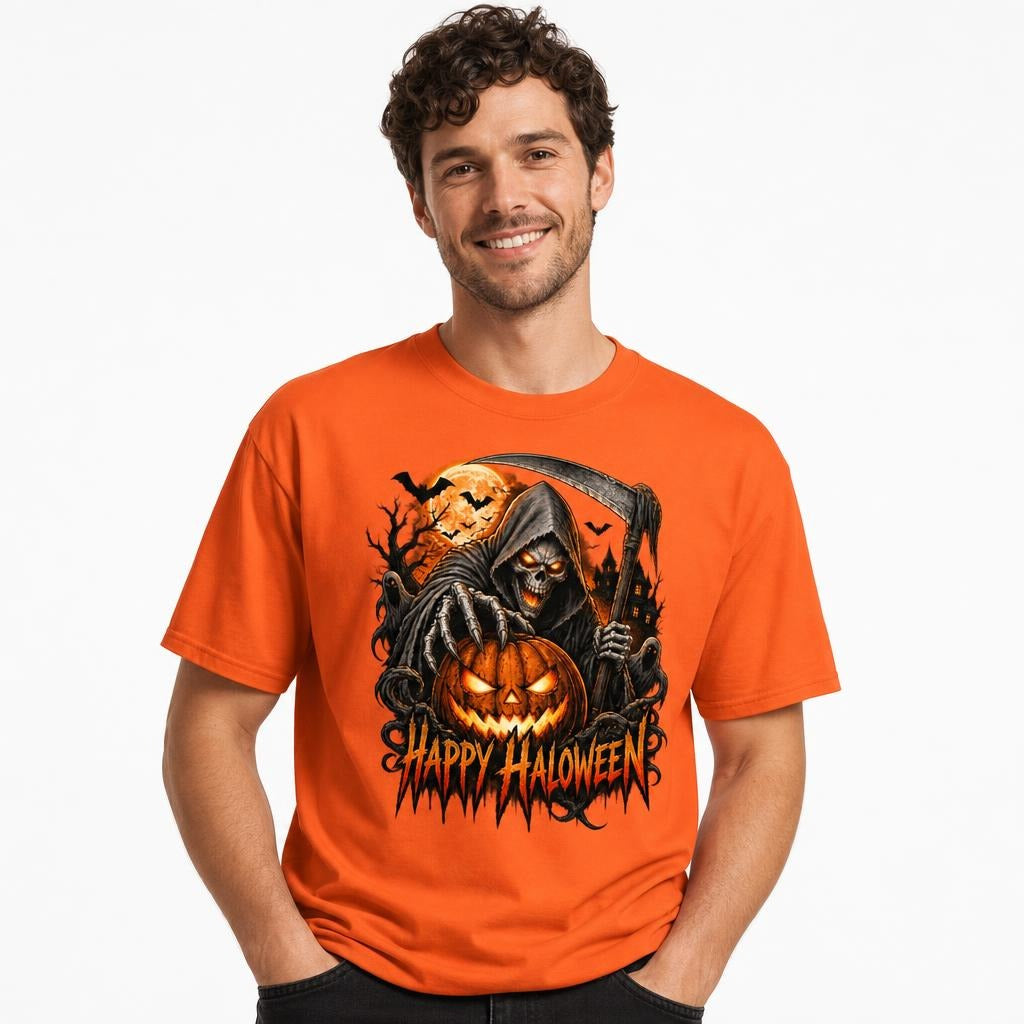 Skeleton t shirt in Orange worn by a studio model in an upper-body walking pose on a clean white background
