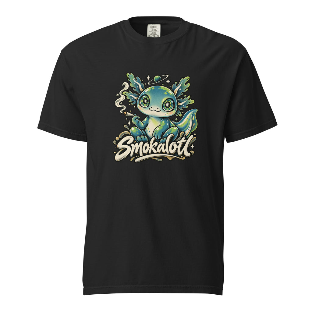 Black T-shirt featuring a colorful alien axolotl illustration with the readable word “Smokalotl” below.