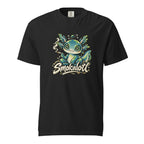 Black T-shirt featuring a colorful alien axolotl illustration with the readable word “Smokalotl” below.