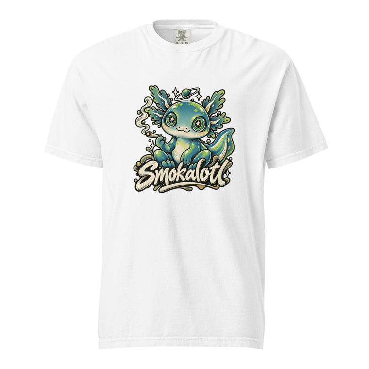 White T-shirt featuring a colorful cute alien axolotl graphic with the word “Smokalotl” beneath it.