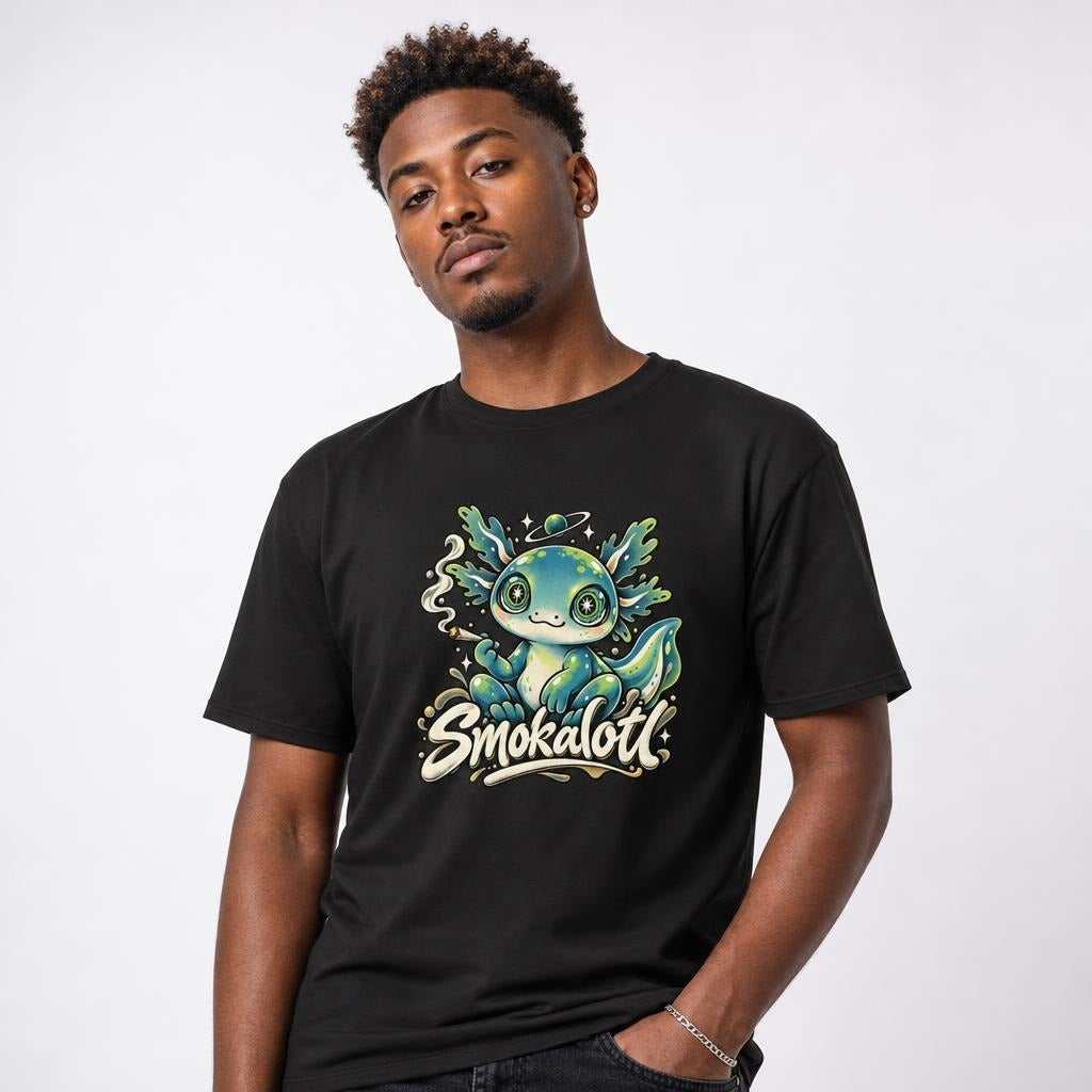 Smokalotl Funny Alien Graphic t shirt in Black worn by a studio model in an upper-body walking pose on a clean white background