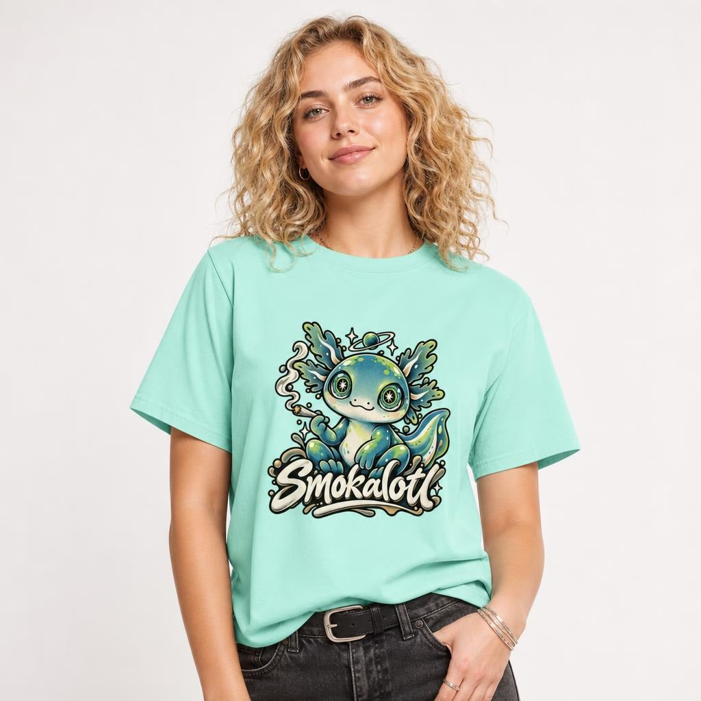 Smokalotl Funny Alien Graphic t shirt in Chalky Mint worn by a studio model in an upper-body walking pose on a clean white background