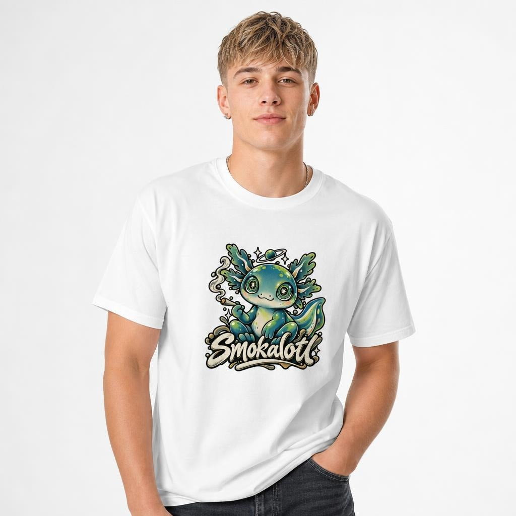 Smokalotl Funny Alien Graphic t shirt in White worn by a studio model in an upper-body front relaxed pose on a clean white background