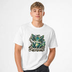 Smokalotl Funny Alien Graphic t shirt in White worn by a studio model in an upper-body front relaxed pose on a clean white background