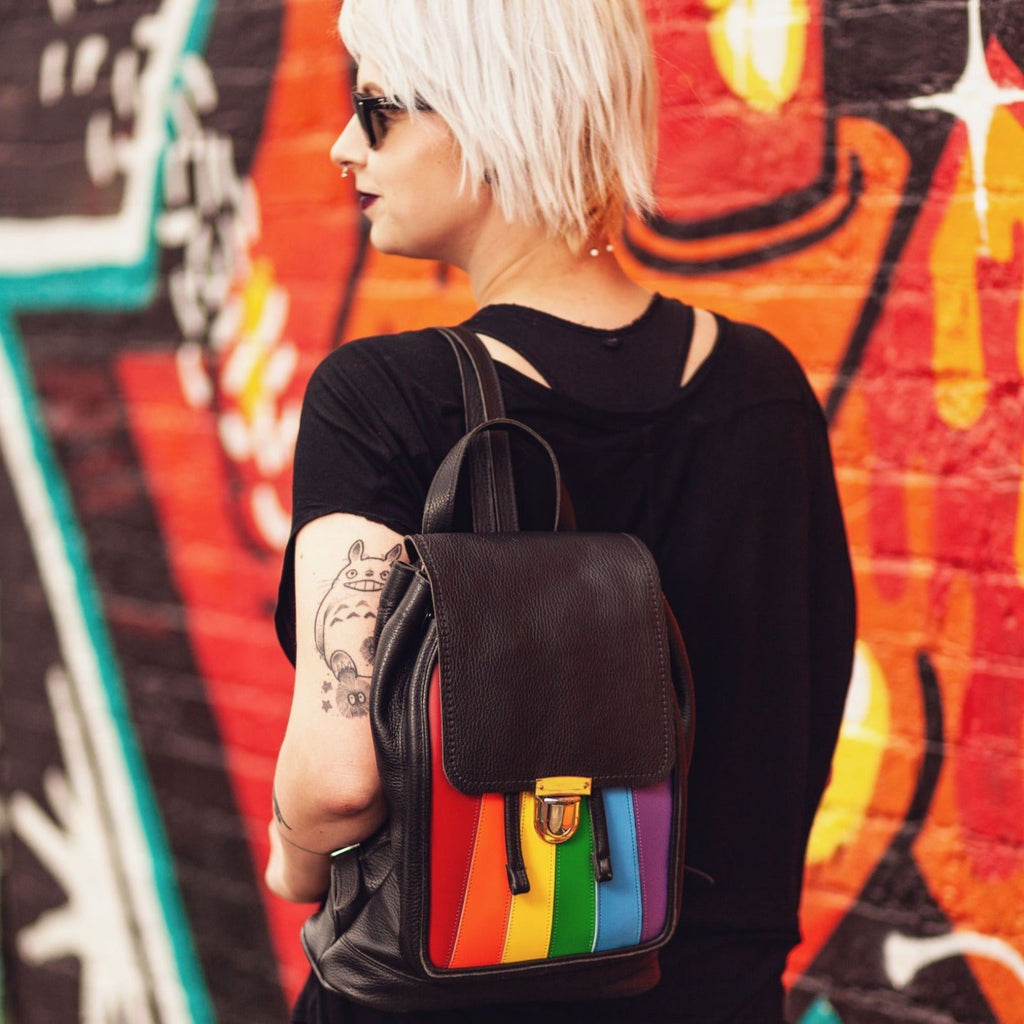 Zatchels Pride Rainbow handmade backpack model view