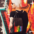 Zatchels Pride Rainbow handmade backpack model view