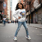 South Asian girl wearing a white autism superpower dino sweatshirt.
