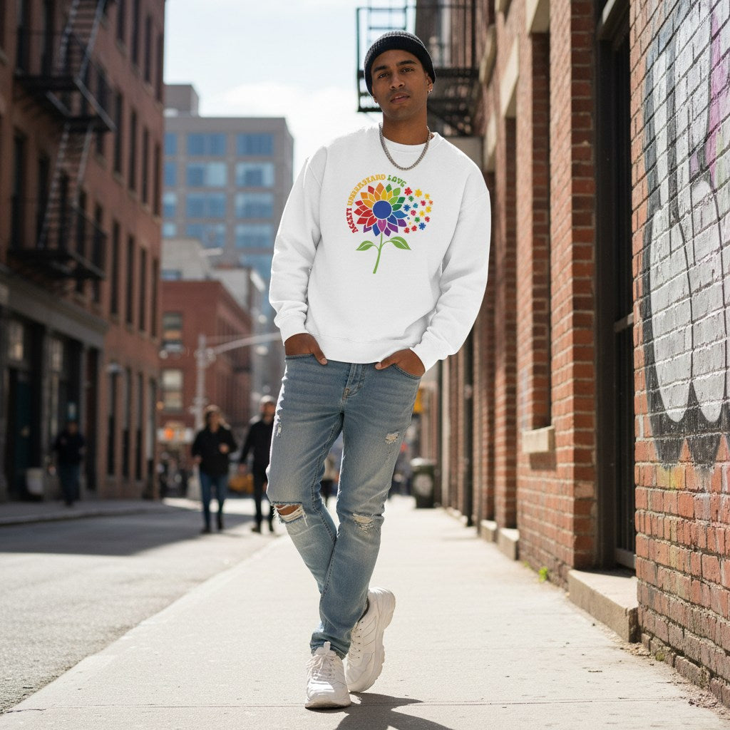 South Asian man wearing a white Accept Understand Love rainbow sunflower sweatshirt.
