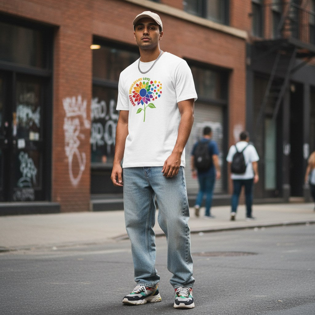 South Asian man wearing a white autism awareness rainbow sunflower t-shirt in a streetwear style.