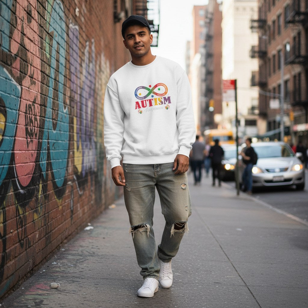 South Asian man wearing a white autism acceptance infinity rainbow sweatshirt.