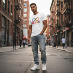 South Asian man wearing a white autism acceptance infinity T-shirt.