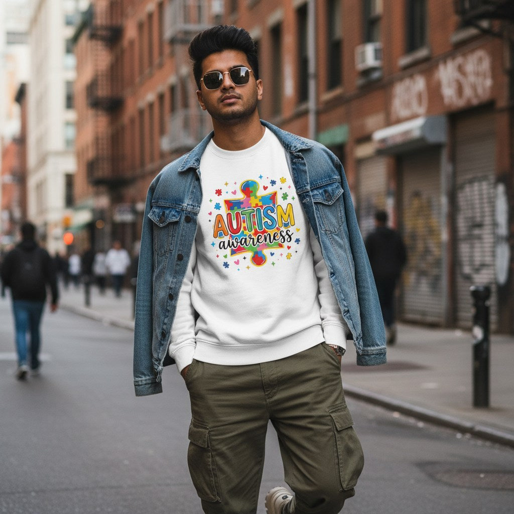 South Asian man wearing a white autism awareness sweatshirt with a giant puzzle piece design.