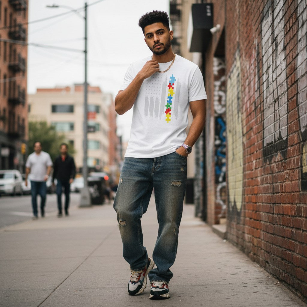 South Asian man wearing a white autism awareness American flag puzzle piece t-shirt.