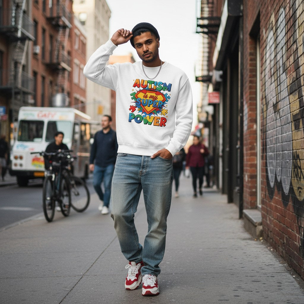 South Asian man wearing a white autism is my superpower sweatshirt.