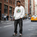 South Asian man wearing a white autism lightning bolt doodle sweatshirt.