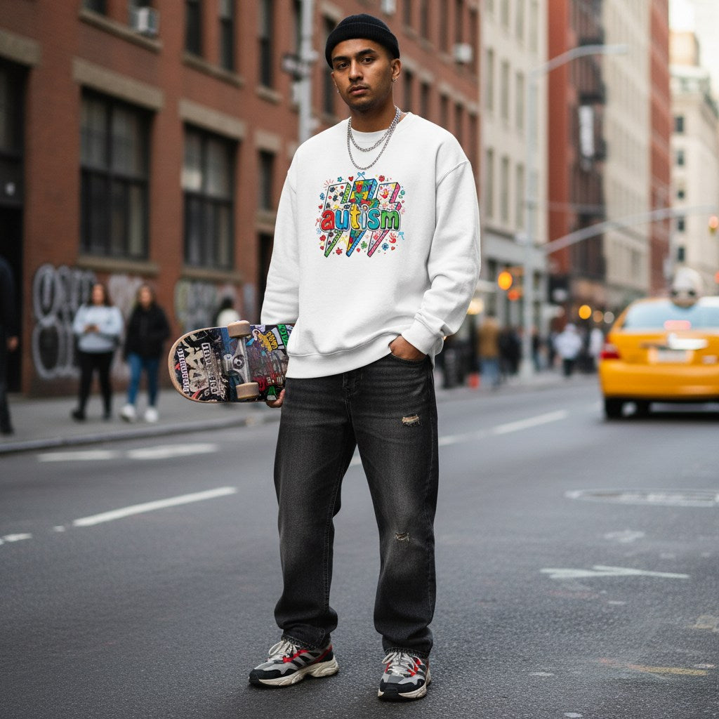 South Asian man wearing a white autism lightning bolt doodle sweatshirt.