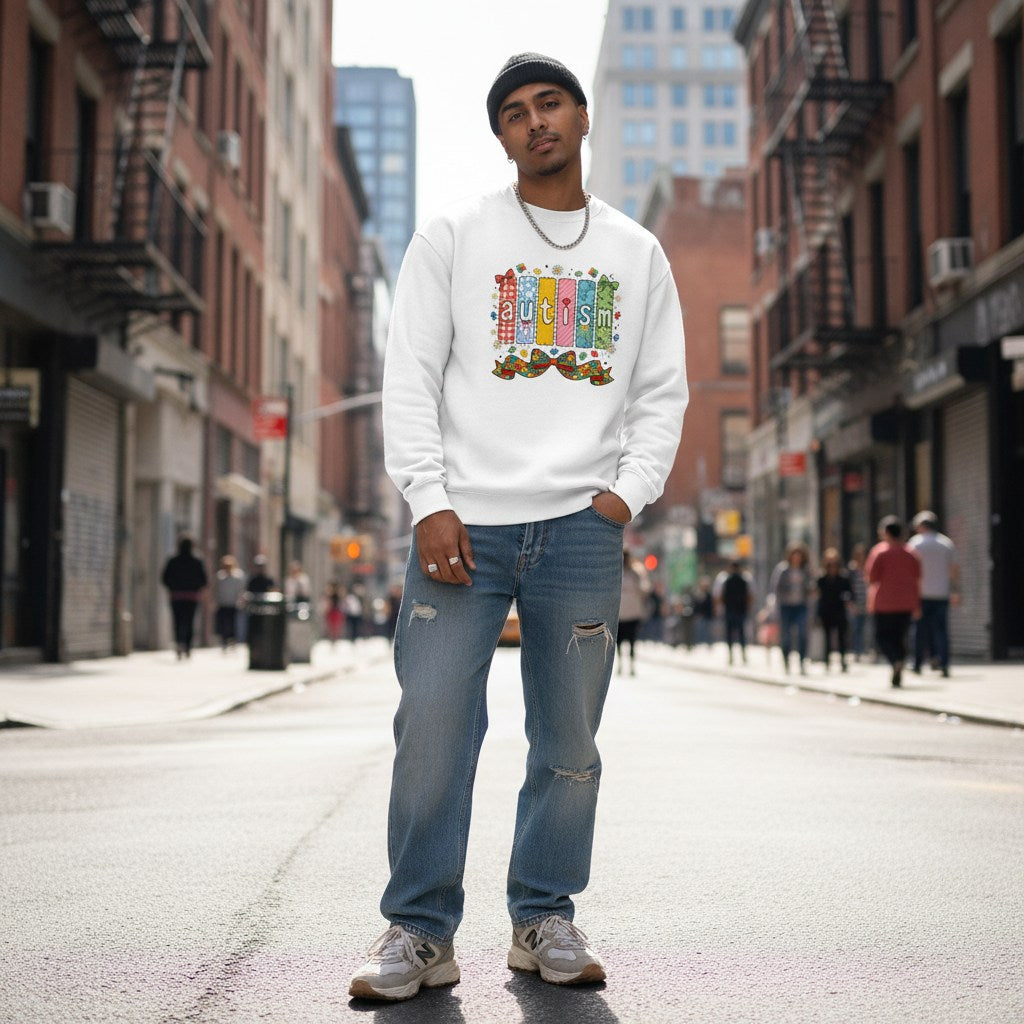 South Asian man wearing a white autism patchwork panel sweatshirt.