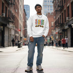 South Asian man wearing a white autism patchwork panel sweatshirt.