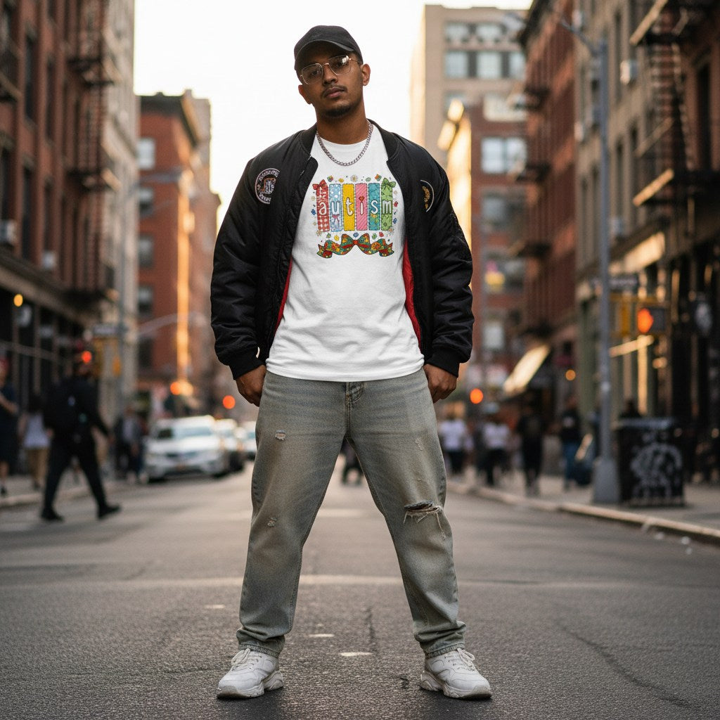 South Asian man wearing a white autism awareness t-shirt in a streetwear style.