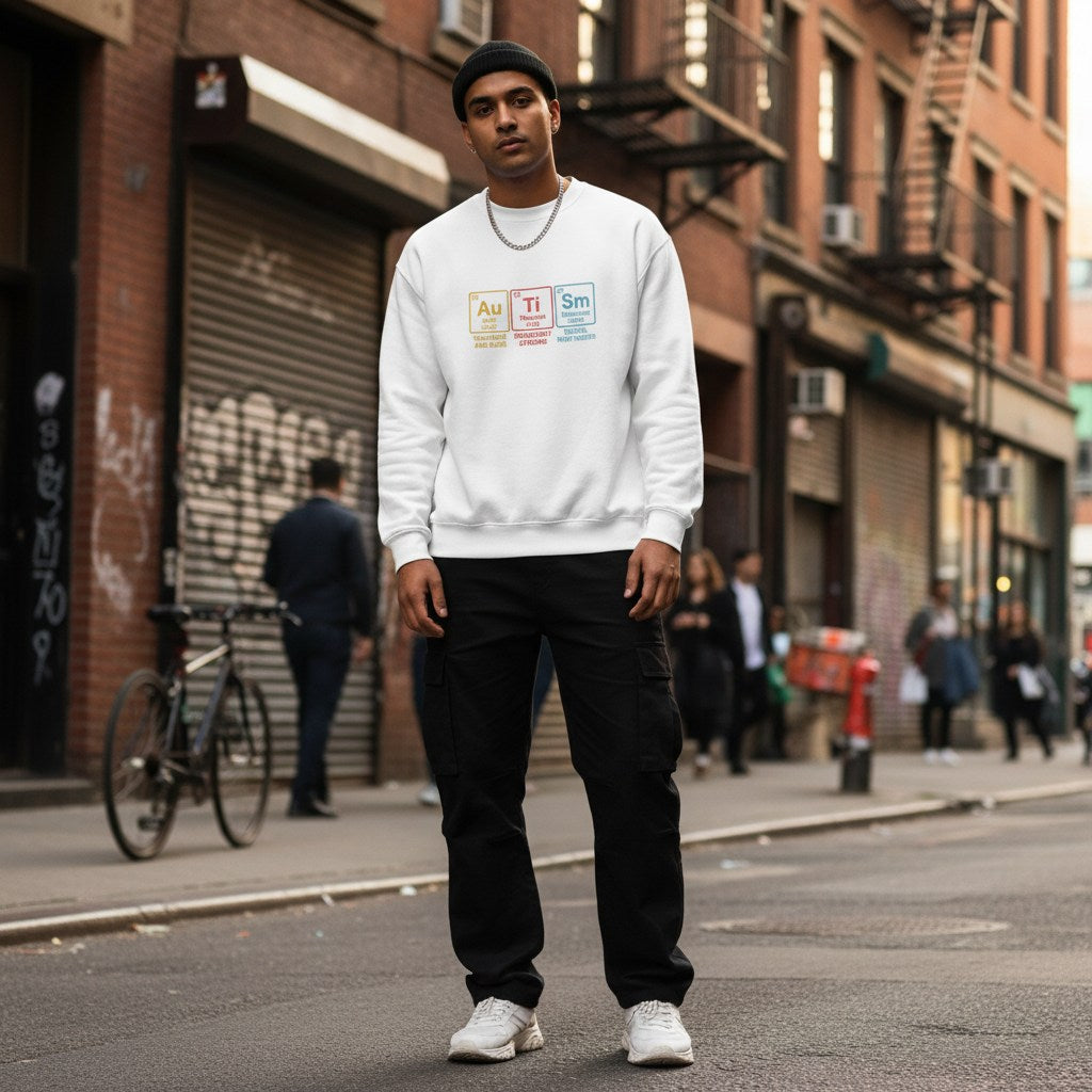 South Asian man wearing a white autism periodic table sweatshirt.