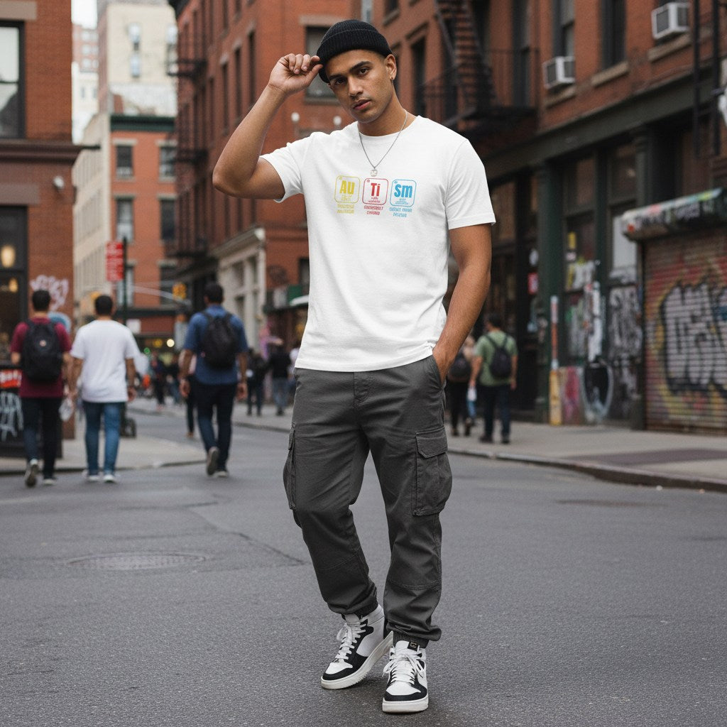 South Asian man wearing a white autism periodic table t-shirt.