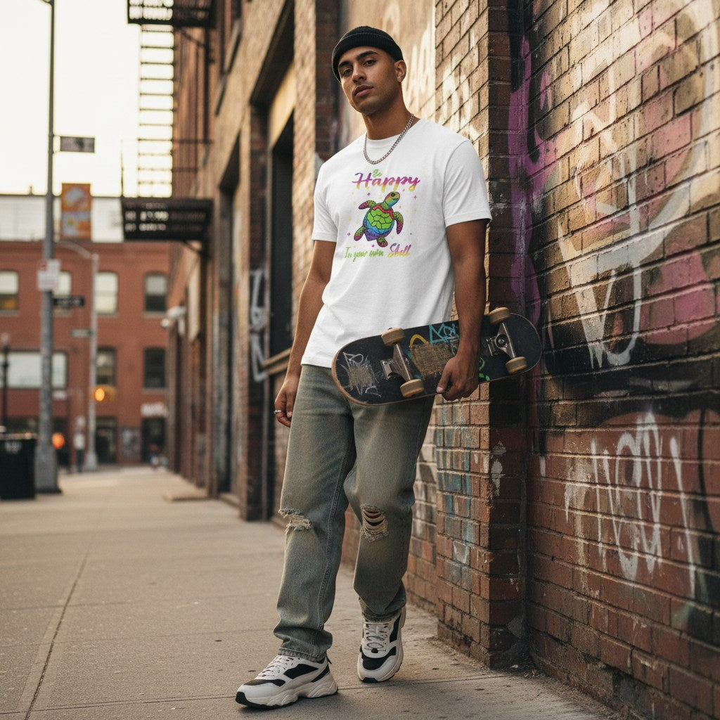 South Asian man wearing a white Be Happy In Your Own Shell rainbow turtle t-shirt.
