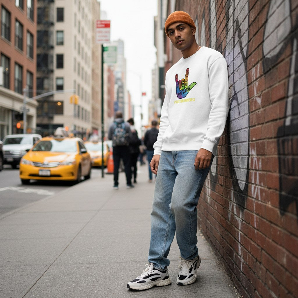 South Asian man wearing a white be kind autism awareness sweatshirt.